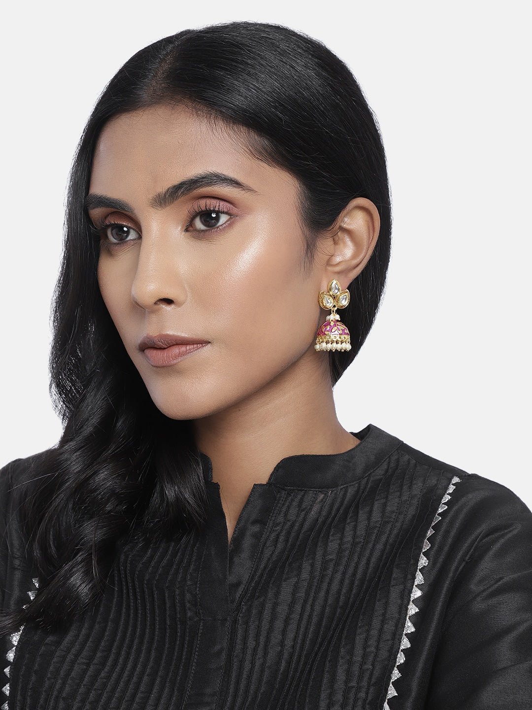 18k Gold Plated Meena Work Pearl Studded Jhumki Earring For Women - Wahe Jewels