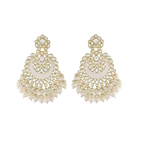 18K Gold Plated Intricately Designed Traditional Meenakari Chandbali Earrings Glided With Kundans & Pearls - Wahe Jewels