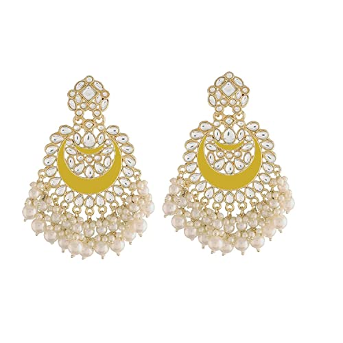 18K Gold Plated Intricately Designed Traditional Meenakari Chandbali Earrings Glided With Kundans & Pearls - Wahe Jewels