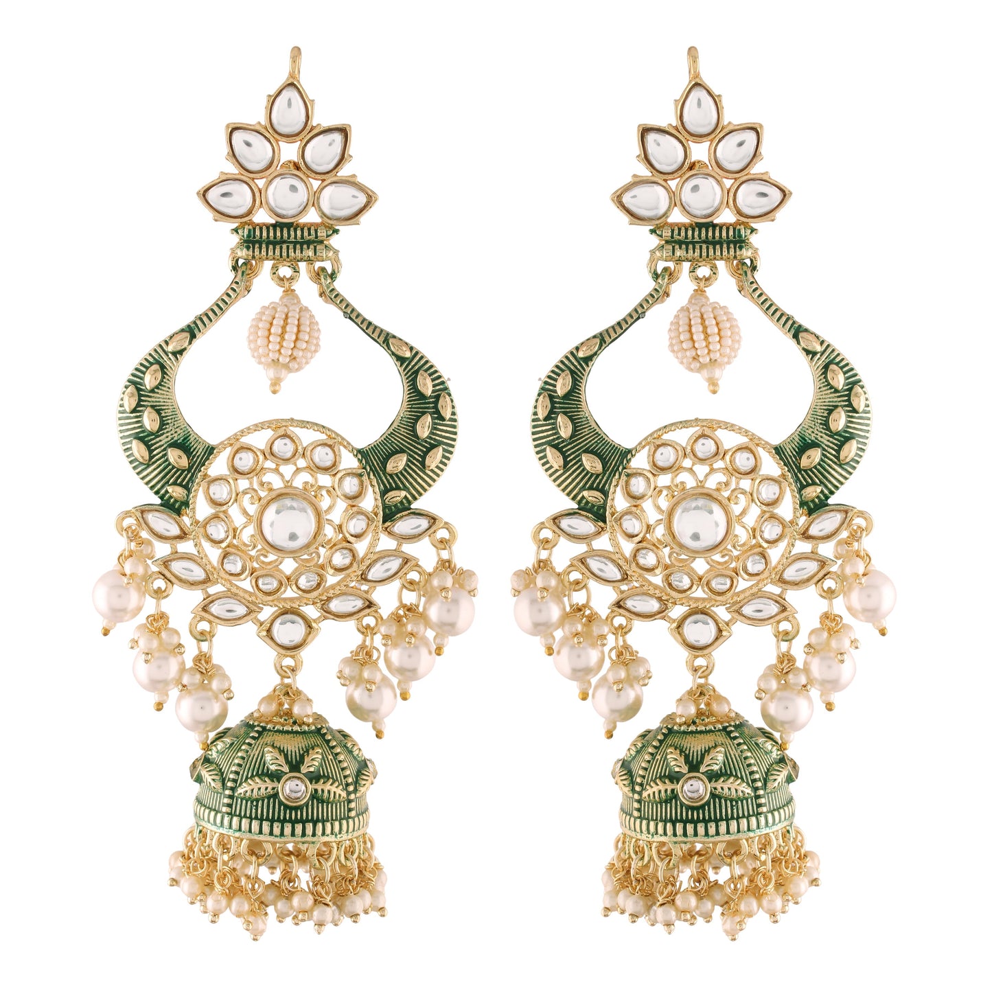 18K Gold Plated Intricately Designed Traditional Green Enamel Glided With Kundans & Pearls Jumka Earrings For Women - Wahe Jewels