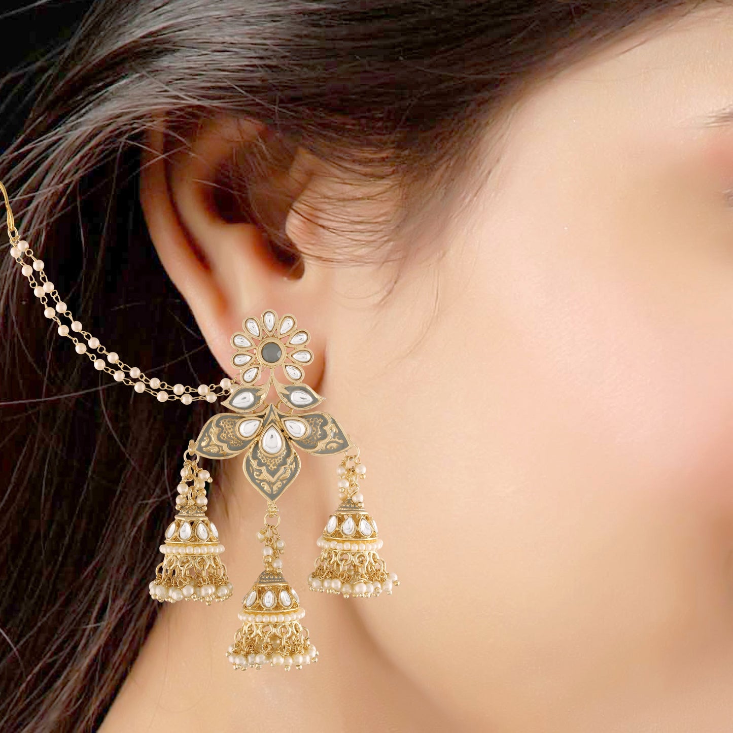 18K Gold Plated Intricately Designed Traditional with Detachable Hair Chain Encased With Kundans & Pearls Jumka Earrings For Women - Wahe Jewels