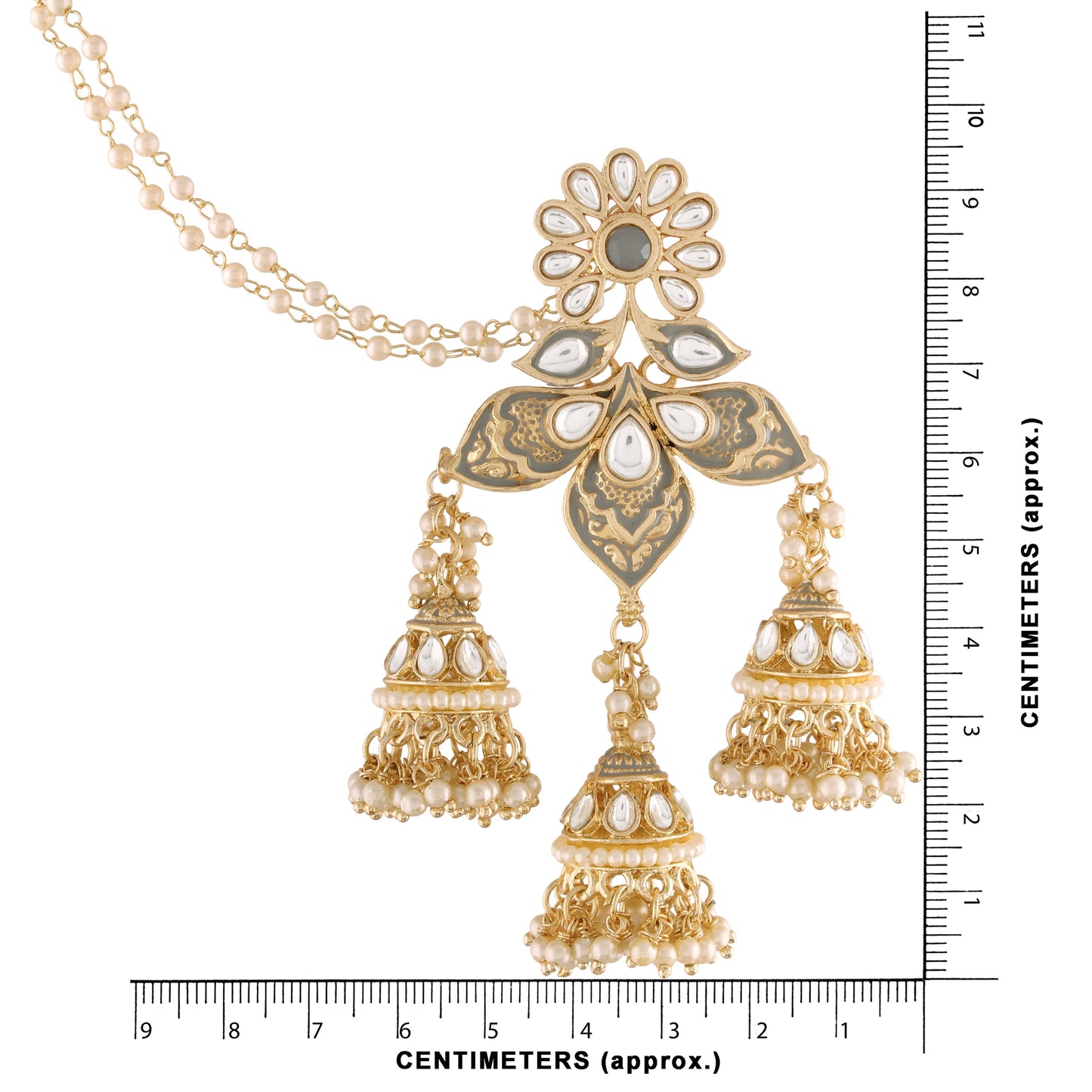 18K Gold Plated Intricately Designed Traditional with Detachable Hair Chain Encased With Kundans & Pearls Jumka Earrings For Women - Wahe Jewels