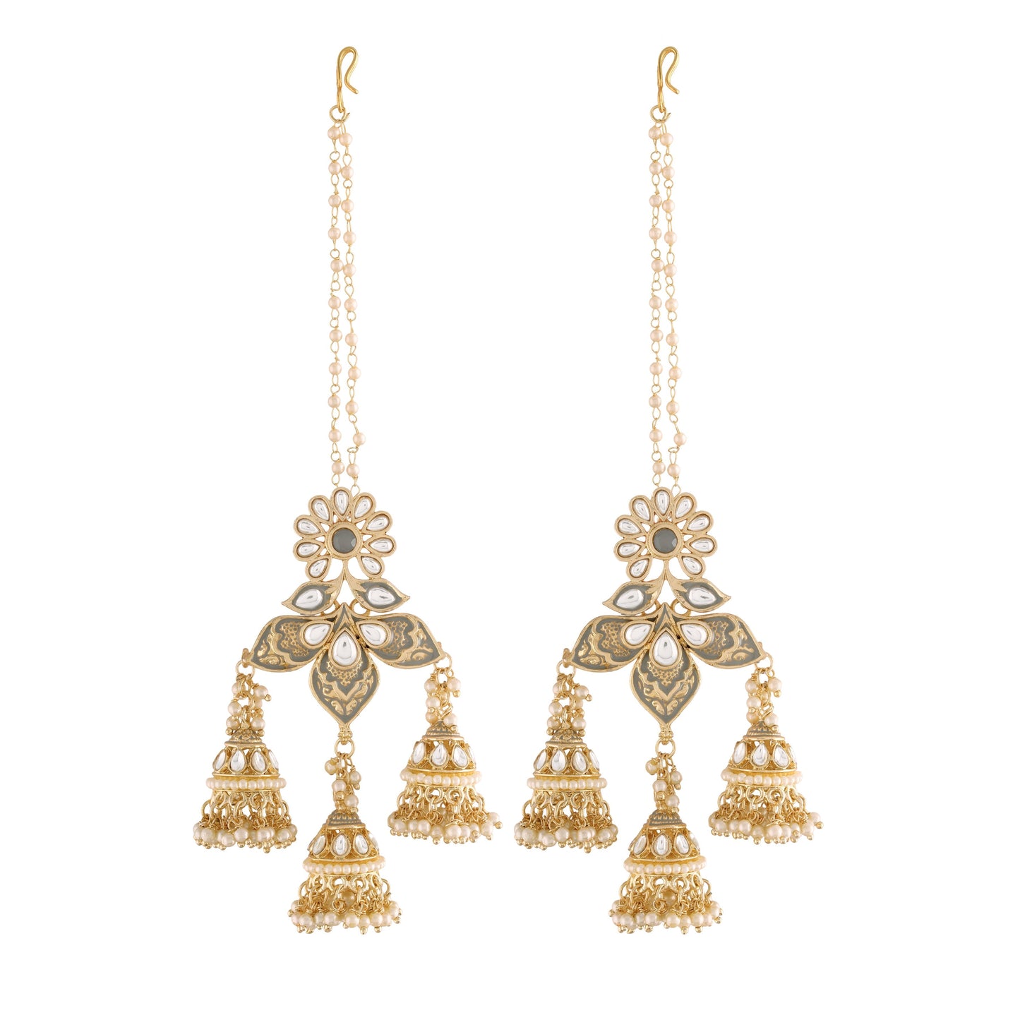 18K Gold Plated Intricately Designed Traditional with Detachable Hair Chain Encased With Kundans & Pearls Jumka Earrings For Women - Wahe Jewels