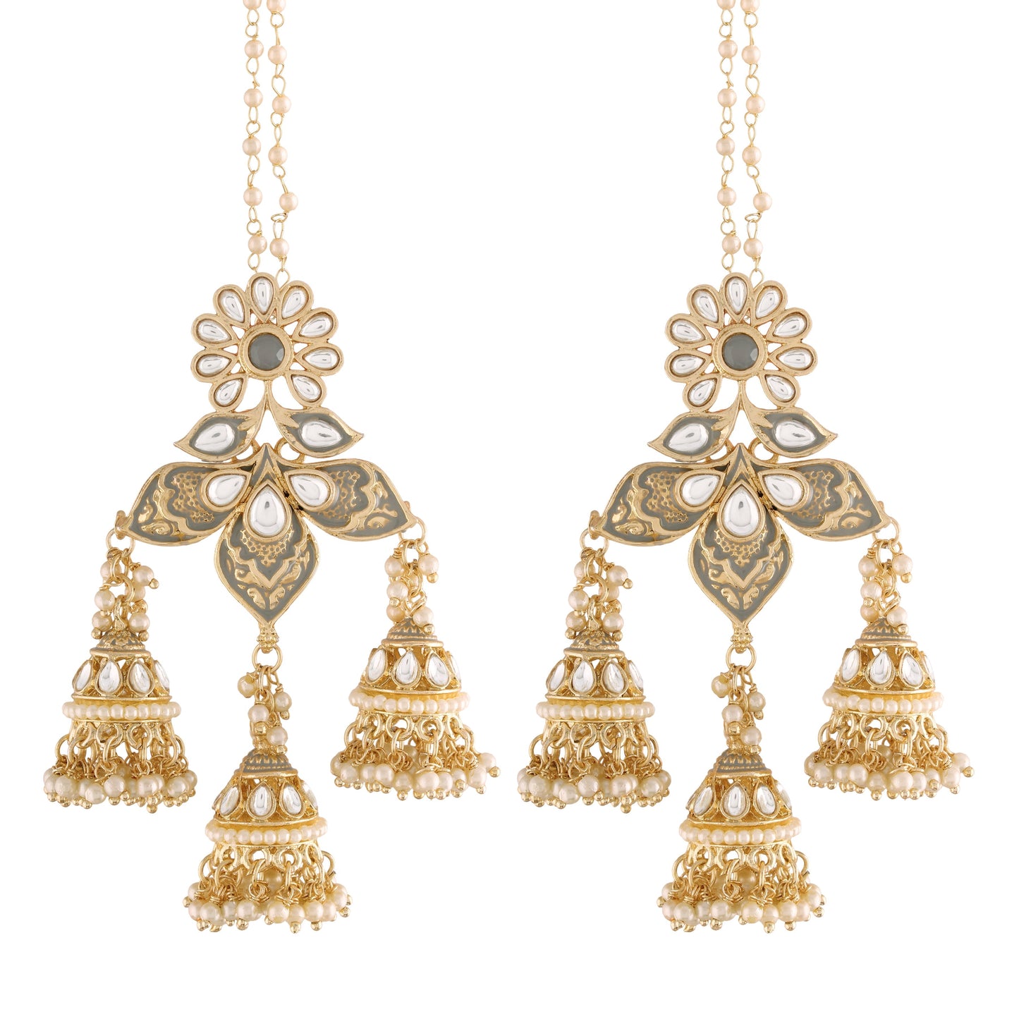 18K Gold Plated Intricately Designed Traditional with Detachable Hair Chain Encased With Kundans & Pearls Jumka Earrings For Women - Wahe Jewels