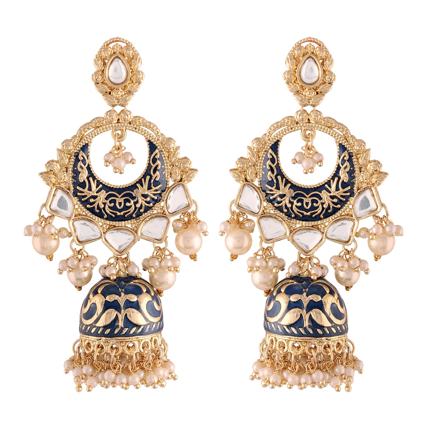 18K Gold Plated Intricately Designed Traditional Blue Enamel Glided With Kundans & Pearls Jhumki Earrings For Women - Wahe Jewels