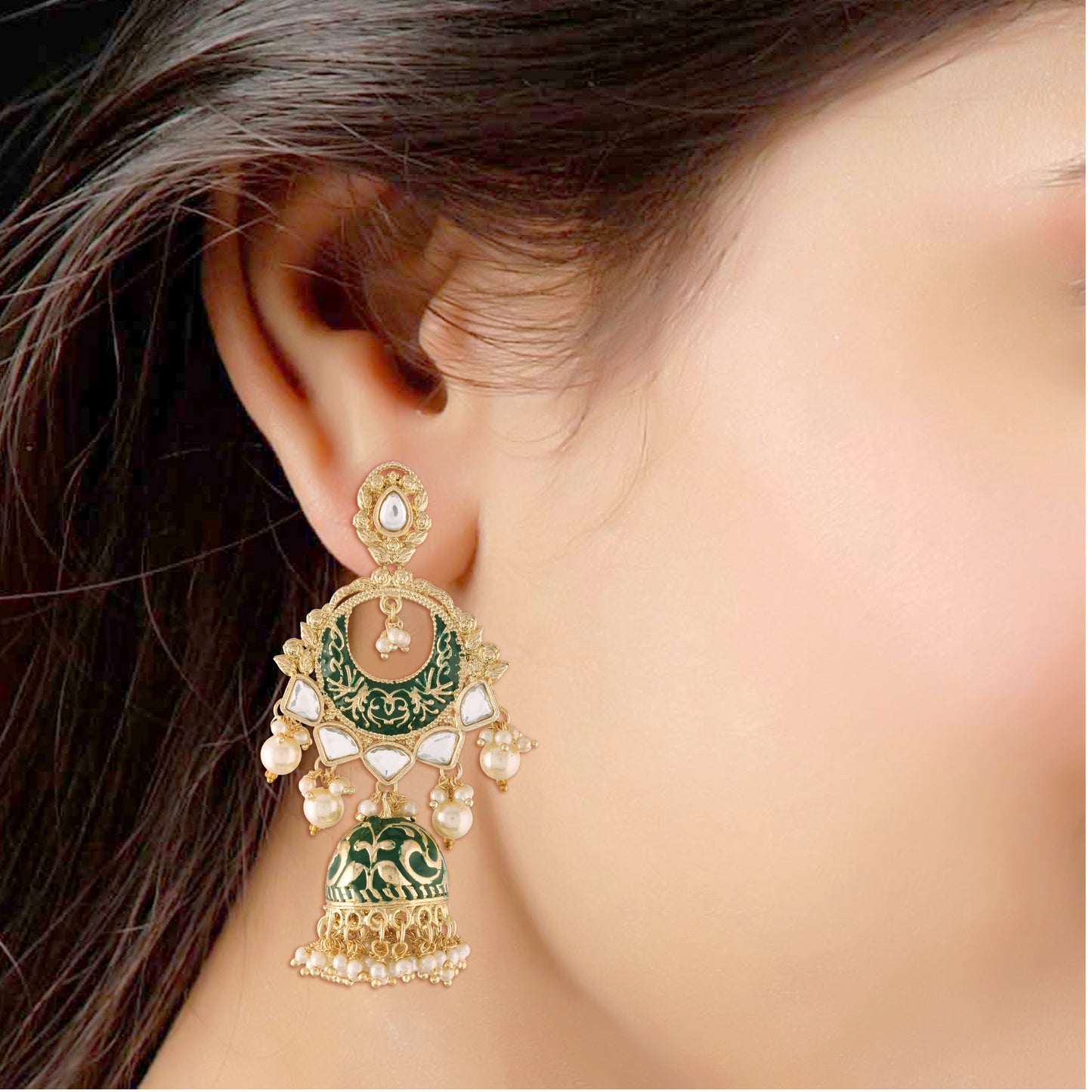 18K Gold Plated Intricately Designed Traditional Green Enamel Glided With Kundans & Pearls Jumki Earrings For Women - Wahe Jewels