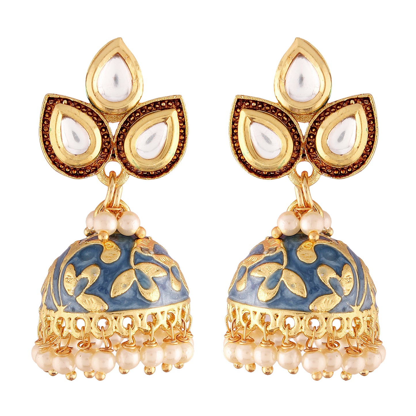 18k Gold Plated Meena Work Pearl Studded Jhumki Earring For Women - Wahe Jewels