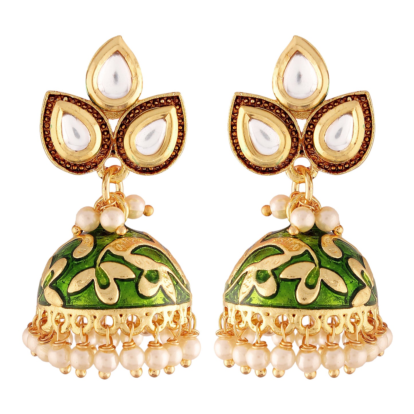 18k Gold Plated Meena Work Pearl Studded Jhumki Earring For Women - Wahe Jewels