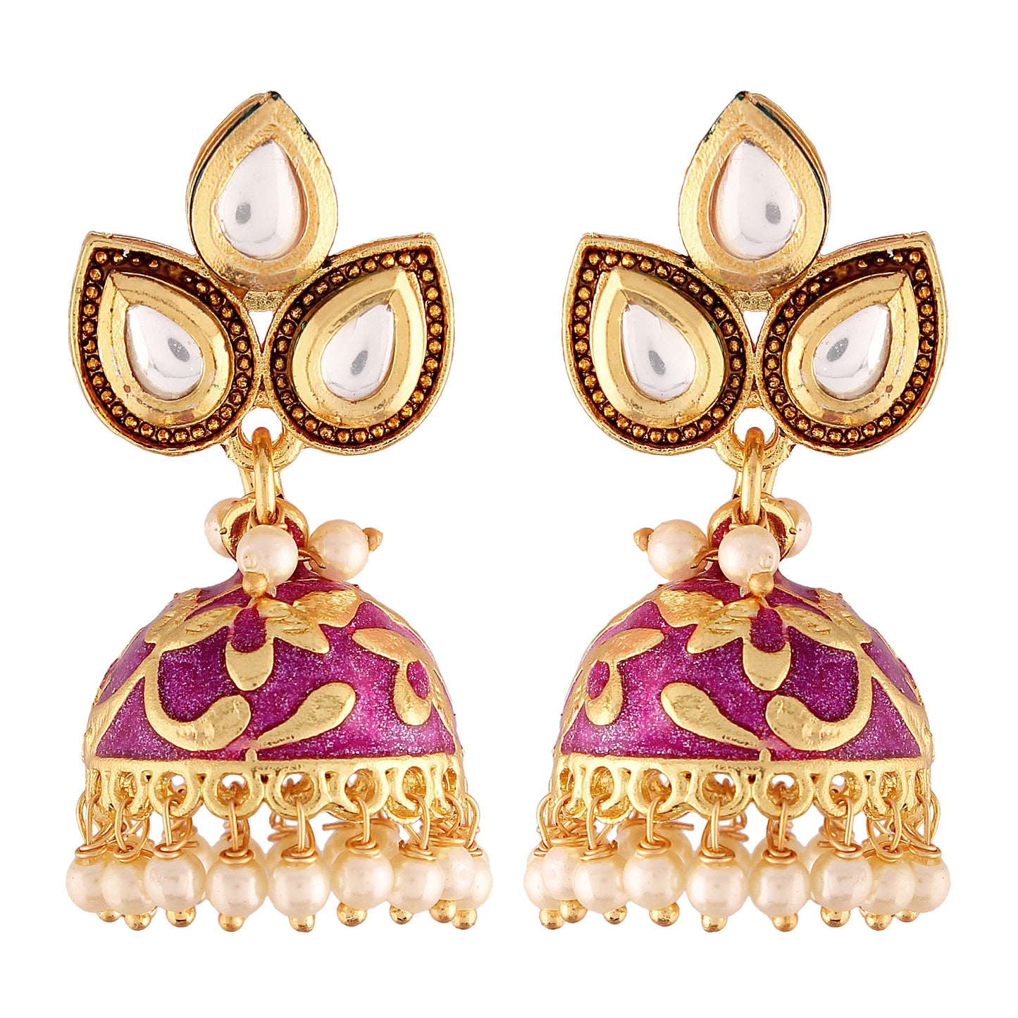18k Gold Plated Meena Work Pearl Studded Jhumki Earring For Women - Wahe Jewels
