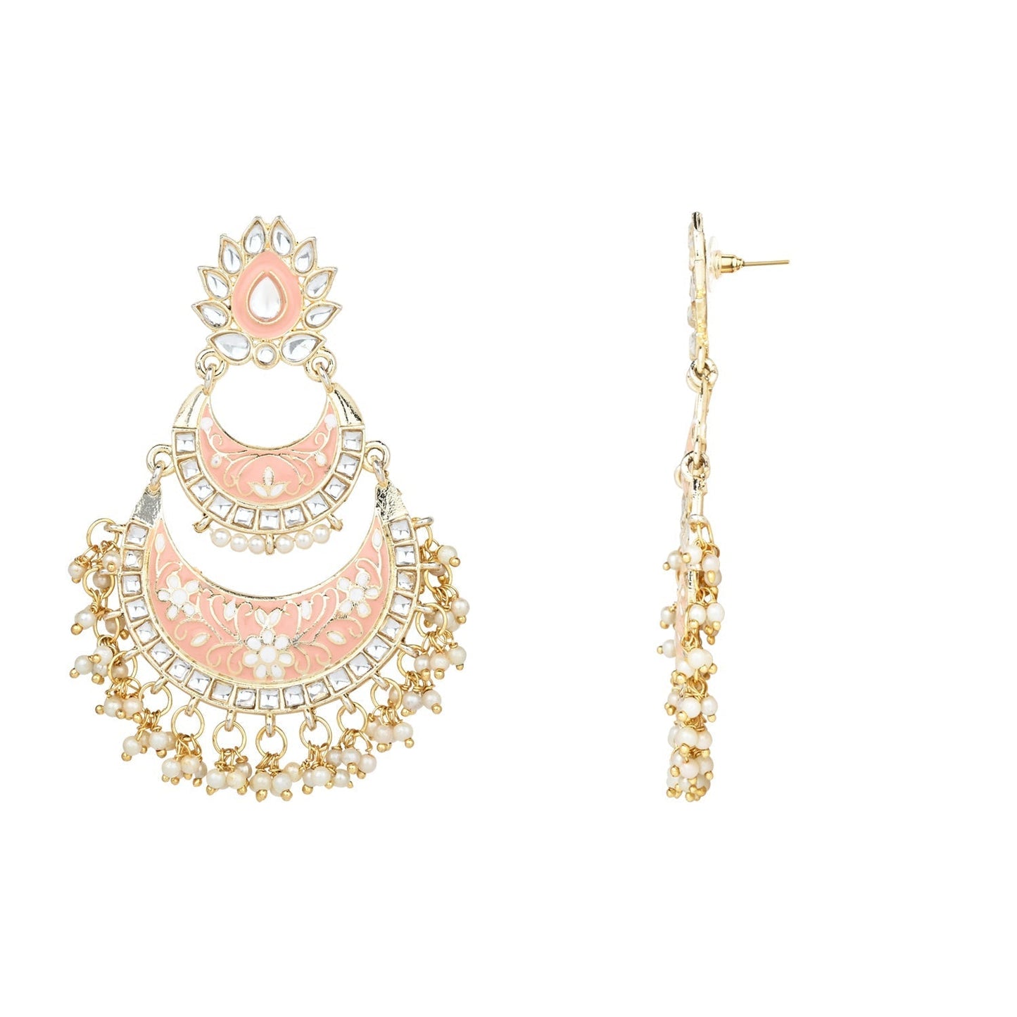 18K Gold Plated Intricately Designed Traditional Meenakari Earrings Glided With Kundans & Pearls - Wahe Jewels