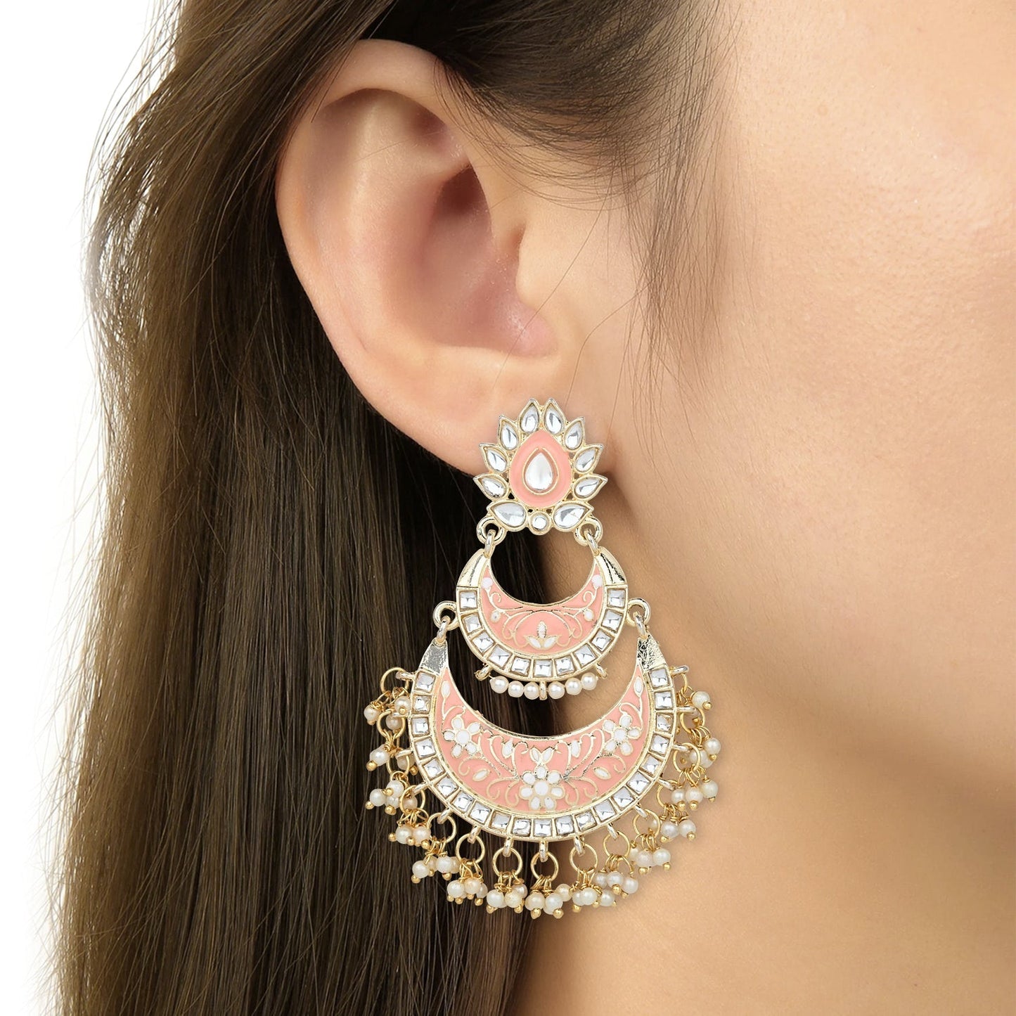 18K Gold Plated Intricately Designed Traditional Meenakari Earrings Glided With Kundans & Pearls - Wahe Jewels