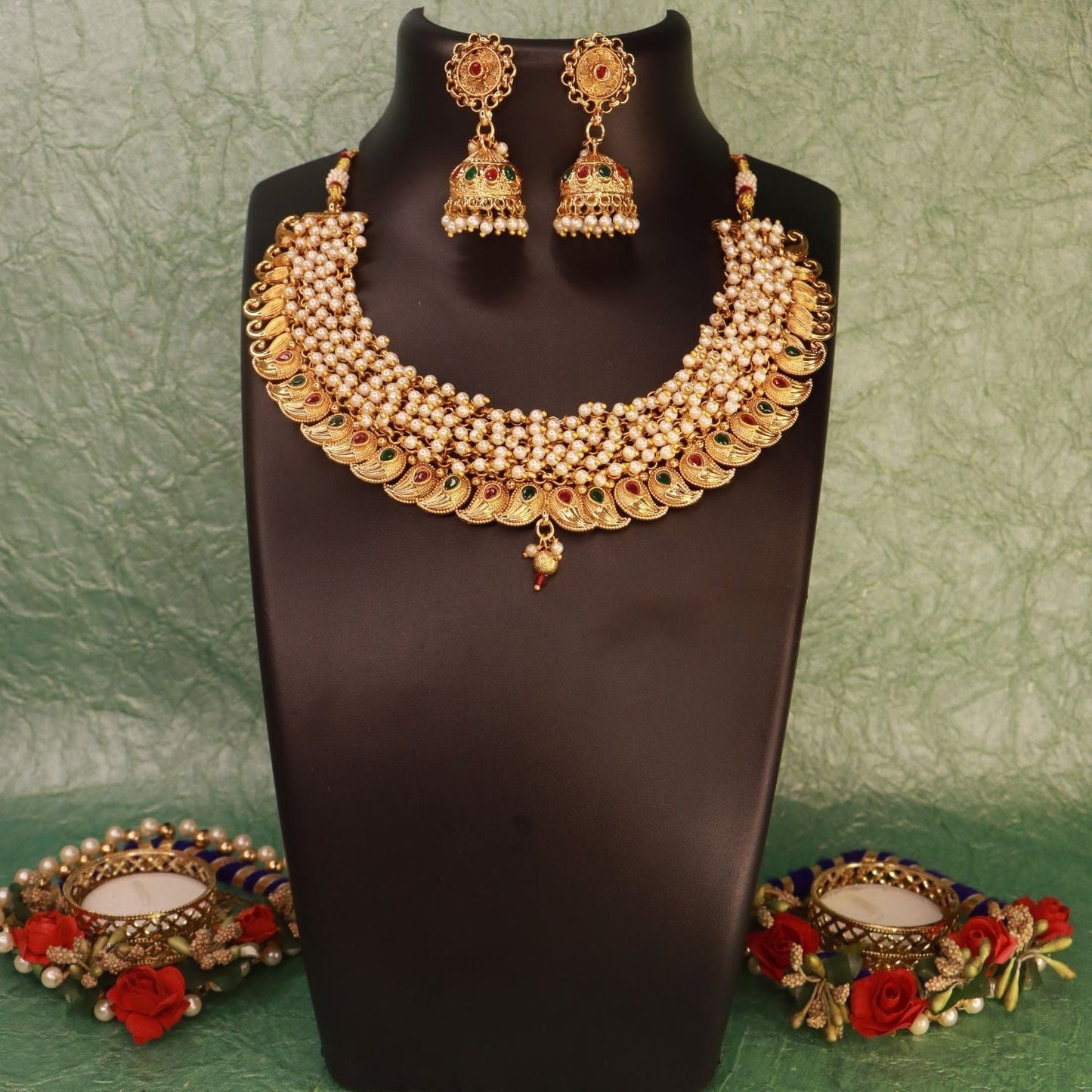 18K Gold Plated Brass Pearl Choker Necklace With Earrings for Women/Girls - Wahe Jewels