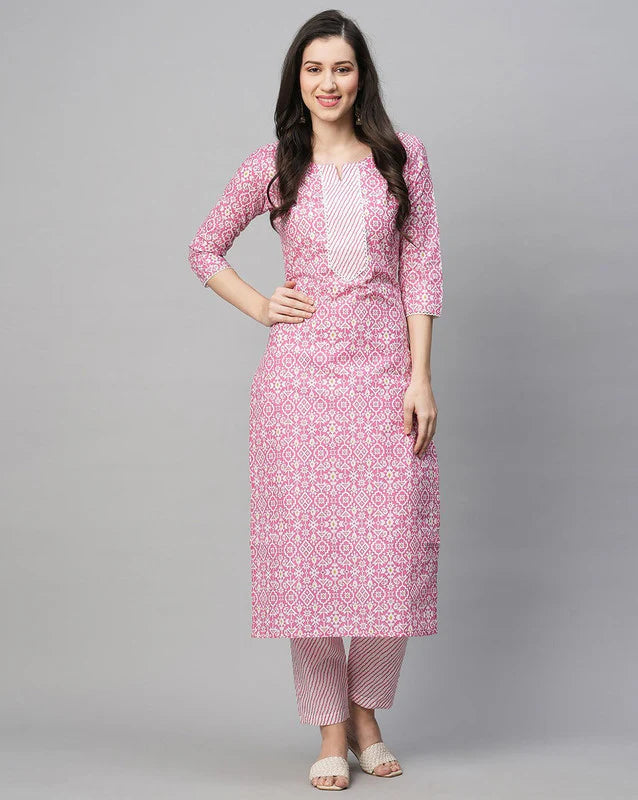 Malishka Women's Printed Pink Cotton Blend Kurta Pant Set - Pink -S