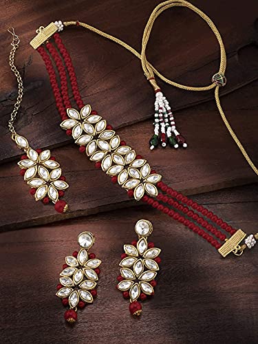 18k Gold Plated Kundan & Pearl Beaded Choker Set for Women/Girls - Wahe Jewels