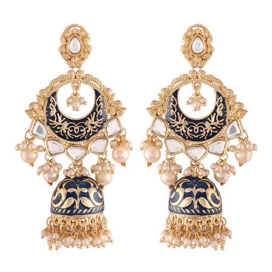 18K Gold Plated Intricately Designed Traditional Blue Enamel Glided With Kundans & Pearls Jhumki Earrings For Women - Wahe Jewels