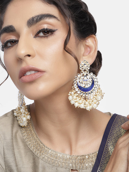 18K Gold Plated Intricately Designed Traditional Meenakari Chandbali Earrings Glided With Kundans & Pearls - Wahe Jewels