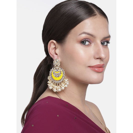 18K Gold Plated Intricately Designed Traditional Meenakari Chandbali Earrings Glided With Kundans & Pearls - Wahe Jewels
