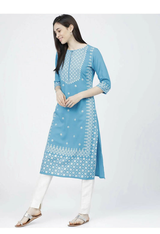 Indian Clothing Cheera Embellished Daily Wear Cotton Blend Kurta - Sky Blue -XS-36
