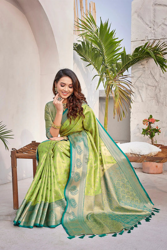 NOZ2TOZ Women's Party Wear Weaving Work Zarna Silk Saree with Un Stitched Blouse - Parrot Green