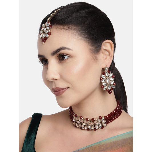 18k Gold Plated Kundan & Pearl Beaded Choker Set for Women/Girls - Wahe Jewels
