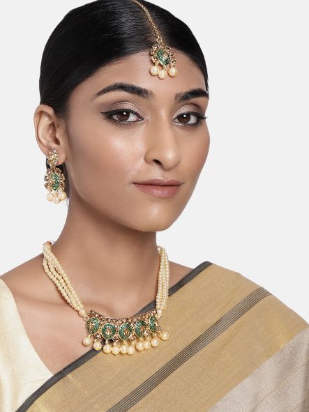 18k Gold Plated Green Meenakari Choker Set Glided With Pearls For Women/Girls - Wahe Jewels