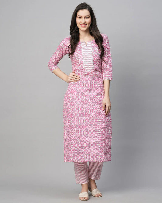 Malishka Women's Printed Pink Cotton Blend Kurta Pant Set - Pink -S