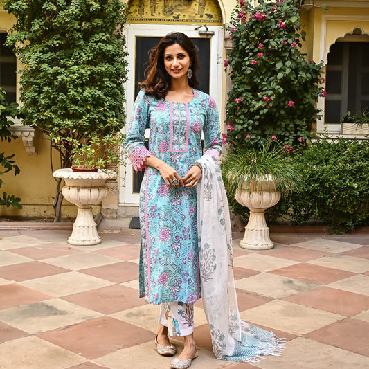 Indian Clothing Malishka Women's Sky Blue Cotton Floral Printed Kurta Pant Set With Dupatta - Skyblue -S
