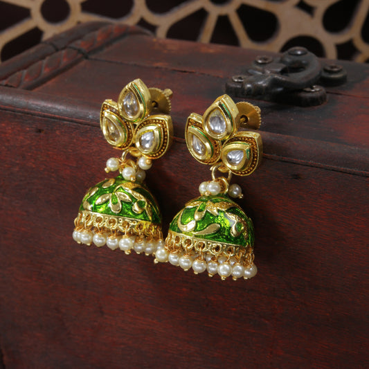 18k Gold Plated Meena Work Pearl Studded Jhumki Earring For Women - Wahe Jewels
