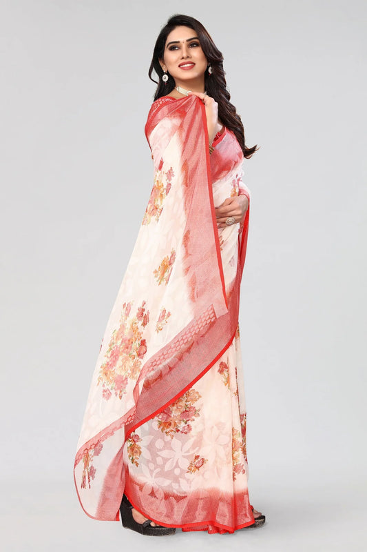 NOZ2TOZ Women Party Wear Printed Brasso Chiffon Saree with Unstitched Blouse - White & Red -Free Size