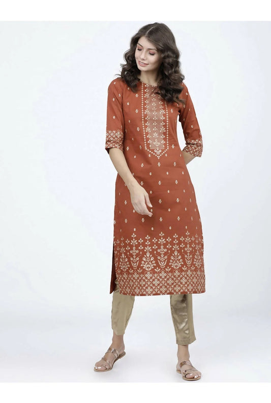 Indian Clothing Cheera Embellished Daily Wear Cotton Blend Kurta - Brown -XS-36