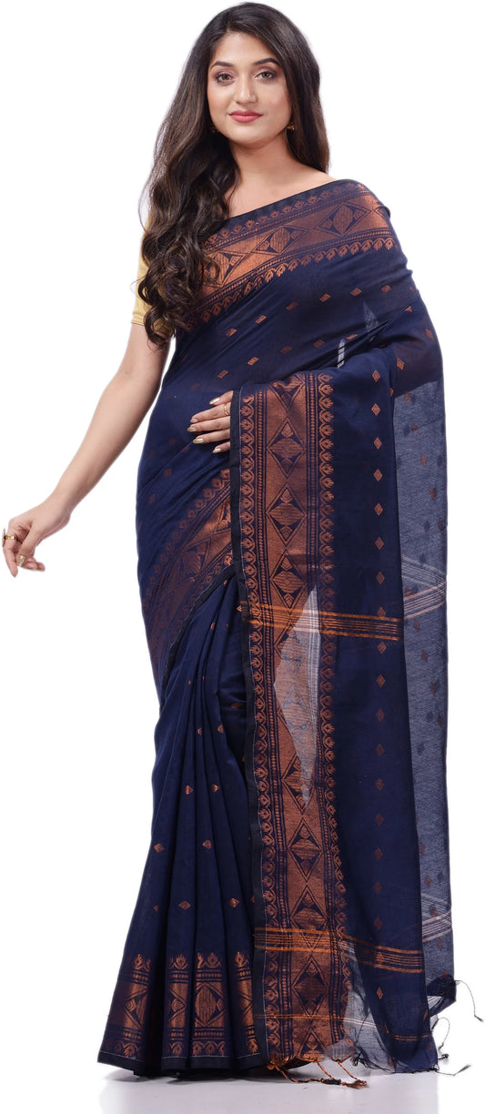 Desh Bidesh Woven Handloom Pure Cotton Saree (Dark Blue)